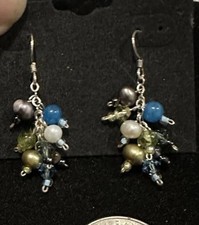 Artisan Sterling Silver Peridot Pearl Green Fringed 925 Earrings Drops Vintage