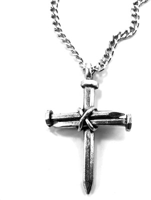 FORGIVEN JEWELRY Cross 3 Nails Wire Wrapped Antique Silver Metal Finish Pendant