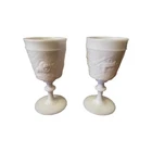 Vintage Kemple Milk Glass Stemmed Goblets Embossed Winter Buffalo Deer Cabin