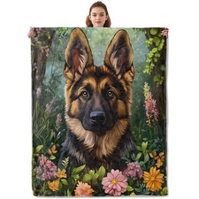 Cute German Shepherd Dog  Flowers Blanket - Soft  Cozy Warm Flannel Throw, ...