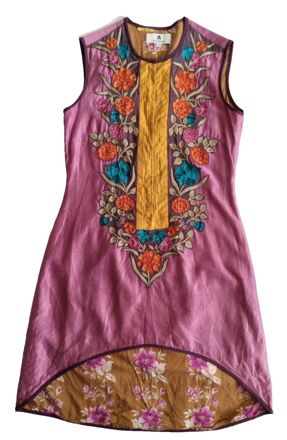 Ritu Kumar Womens Size 2 Pink Silk (?) Floral Embroidered Sleeveless Hi Lo Dress