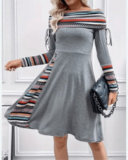Women’s Ethnic Print Gray Boatneck Midi Dress Drawstring Neckline Boho Medium