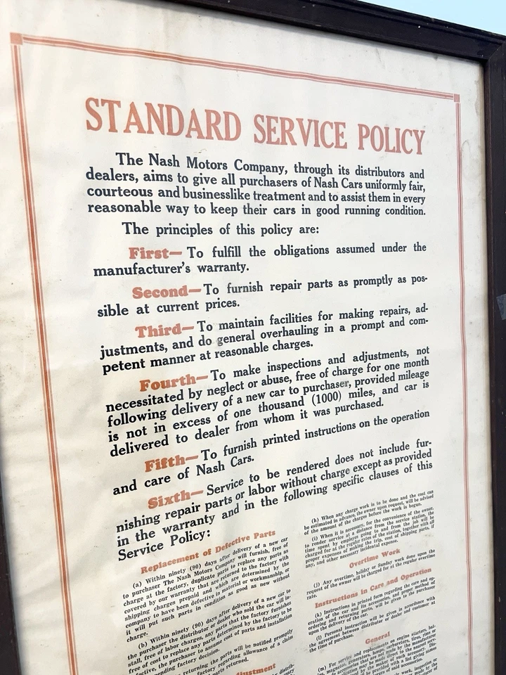 Антикварная дилерская вывеска 1920-х годов Nash Motors стандартное обслуживание политика в рамке Kenosha Wi - Изображение 4 из 4