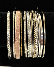 Stackable Gold  Silver Tone Bangle Bracelet Set of 13 Textured / 8 in
