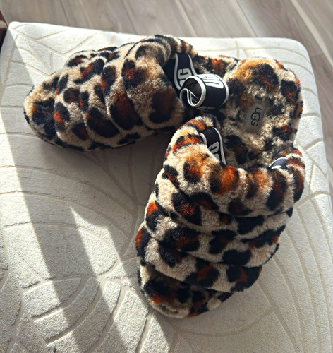 UGG Fluff Yeah Slide Women's Leopard Print Faux Fur Cushioned Slippers 7.5