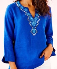 NWT Lilly Pulitzer Amelia Island Tunic Twilight Blue Linen Embroidered Top M