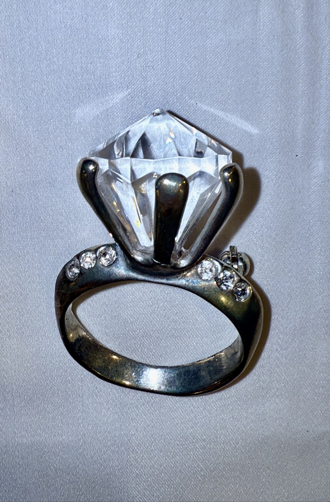 Silver Tone Large Solitaire Diamond Shape Crystal… - image 5