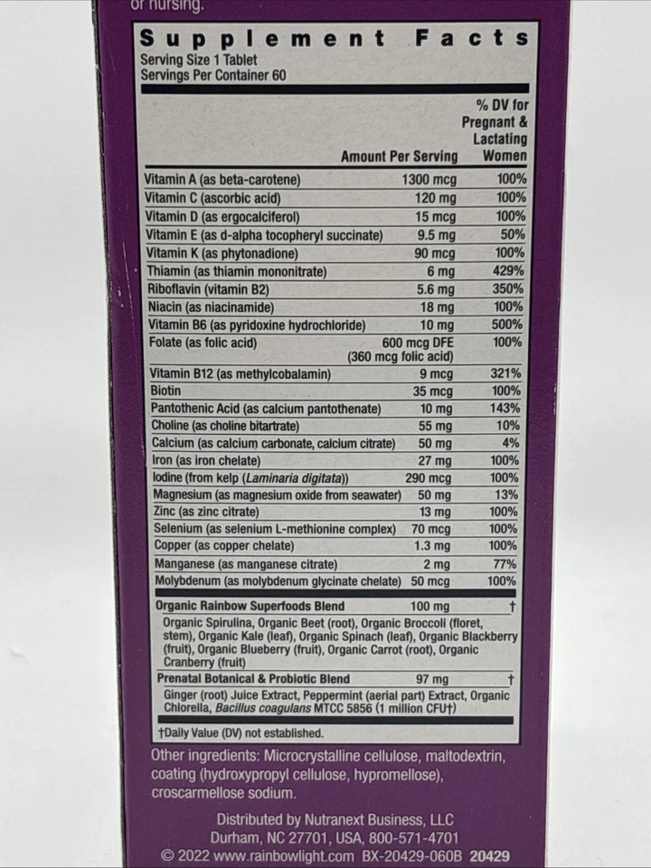 Multivitamínico Rainbow Light ALTA POTÊNCIA pré-natal One 60 comprimidos veganos EXP 02/26 - Imagem 3 de 4