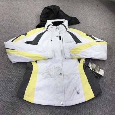 Spyder Quest Ski Jacket Womens Large White Yellow Hooded Insulated Thinsulate