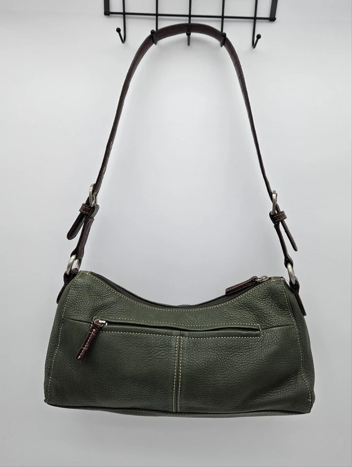 TIG & CO Women's Green Leather Handbag, Baguette Shoulder Bag, Brown Accents - Image 2 of 4