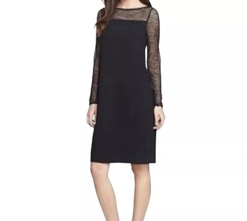 Eileen Fisher Kleid Damen L schwarz Häkelspitze Ausschnitt Langarm knielang - Bild 3 von 10