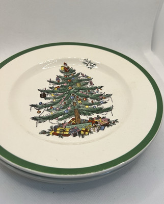 4 Spode Christmas Tree 8'' Plates Green Trim Holiday salad dessert dish