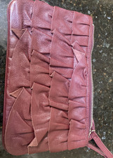 GRAB Vintage Bordeaux Ruffled Leather Clutch Purse With Wrist Strap