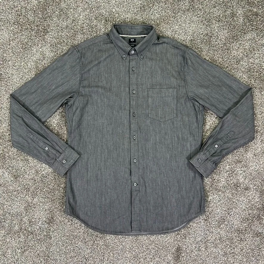 Camisa Uniqlo Ribete Denim Calce Ajustado Manga Larga Con Botones Para Hombres Grande Gris Foto 2 de 4