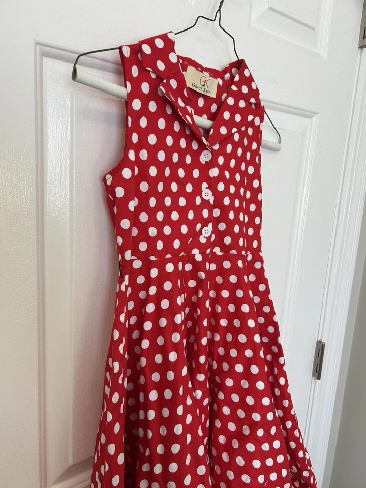 Vestido Grace Karin Rojo Blanco Polkadot Circular Niñas Vestido Sin Mangas 11-12 Minnie Foto 3 de 4