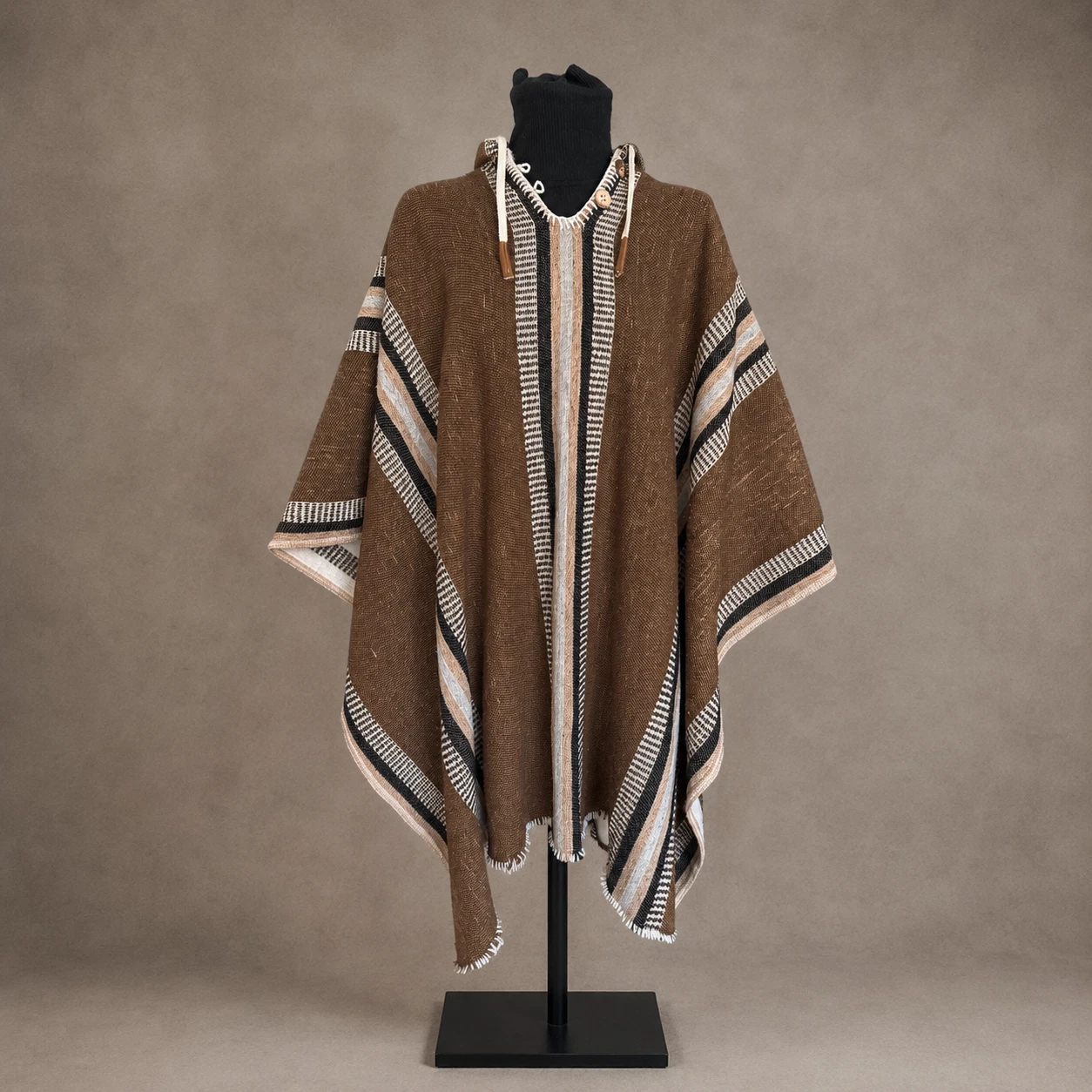 Mens Womens Hooded 100% Wool Poncho Brown Western Geometric Handwoven Cloak