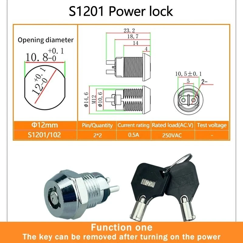 SWITCH ELECTRONICS On/Off Metal Security Key Switch Lock + Keys 2 Position SPST 12V