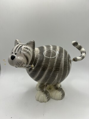 Ceramic Striped Cat Figurine On Springs Legs And Tail Wobble