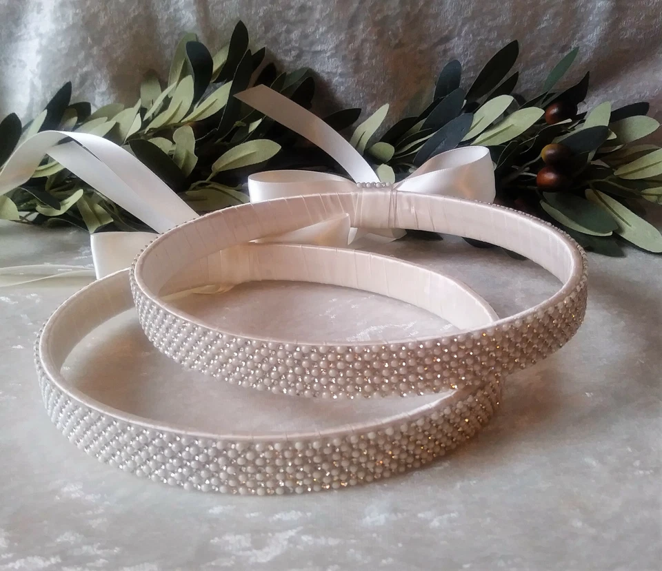 Conjunto de coronas de tiara Stephana de diamantes de imitación de perlas marfil de boda ortodoxa griega Foto 3 de 3