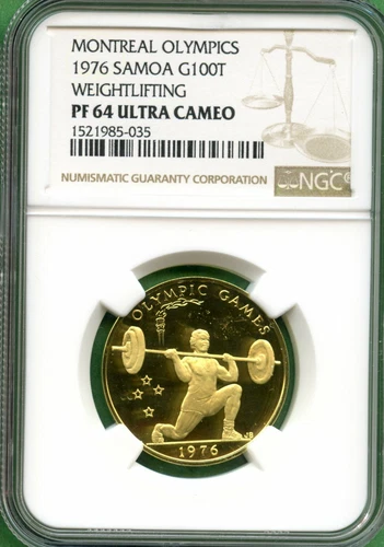 SAMOA 1976  GOLD  100T   NGC PF 64 ULTRA CAMEO  WEIGHTLIFTING  OLYMPICS  0.4584