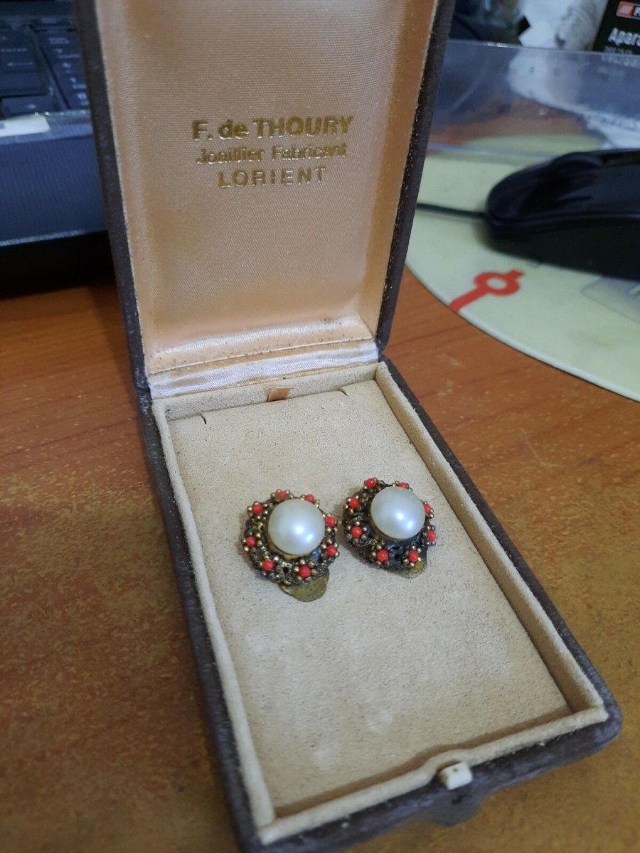 2 Paires De Boucles D'oreilles Clips Dorées à Perles En Pâte De Verre - Vintage, Occasion