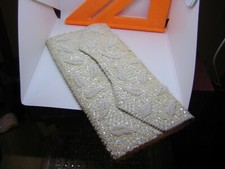 White pearl beaded satin clutch w/ pocket, HM in Hong Kong. leaf design, 10x5