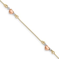 14K Tri-color Gold Puffed Heart 7.25 in Bracelet 1.02g Gift for Mother