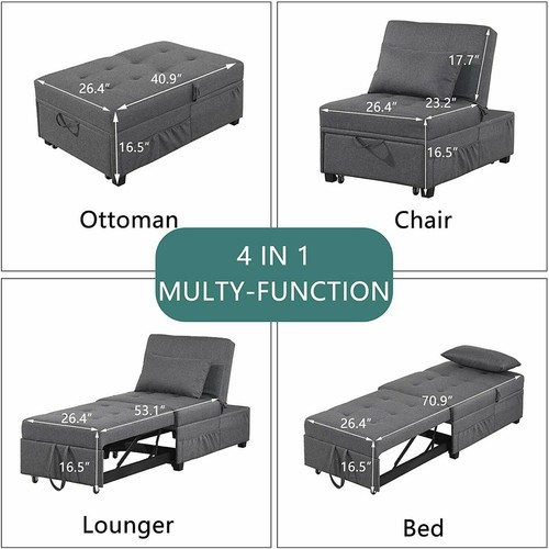 4-IN-1 Convertible Sofa Bed Folding Sleeper Chair Leisure Recliner Lounge Couch - Picture 7 of 33