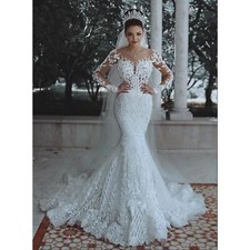 Long Sleeves Mermaid Wedding Gowns Tulle Lace Appliques Beaded Bridal Dresses