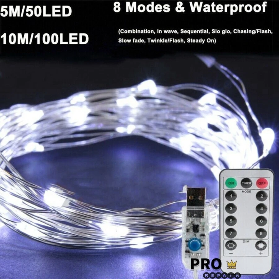USB Twinkle LED String Fairy Lights 5-20M 50/100/200LED Copper Wire Party Remote - Image 2 of 4