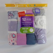 Hanes Girls' Tagless Briefs Underwear Size 16 Value Pack 12 Pairs Cotton Blend