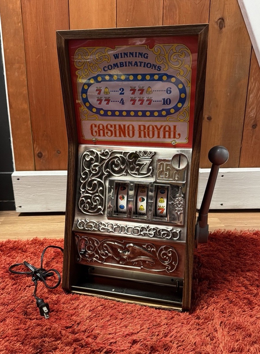 RARE Vintage CASINO ROYAL Toy Slot Machine Bank 1970s w/ Box By