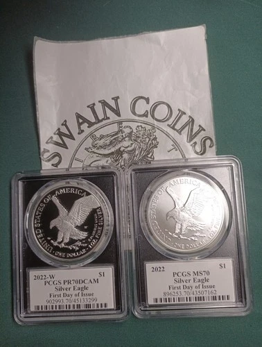 2022 W American SILVER EAGLE PCGS PR70 DCAM /MS70 EMILY DAMSTRA 2 Coin Set