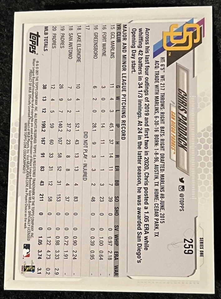 2021 Topps Series 1 Chris Paddack -  Rainbow Foil #259 - Padres - Image 2 of 2