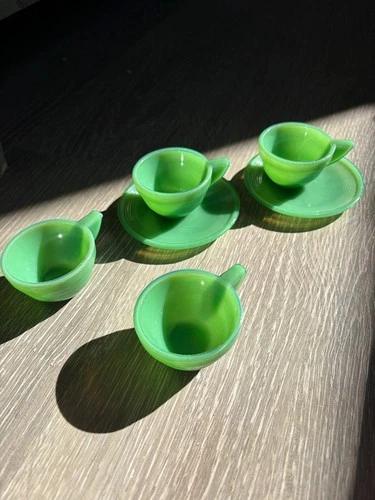 Fire King Jadeite Demitasse Cups & Saucers Set. 4 cups + 2 saucers.