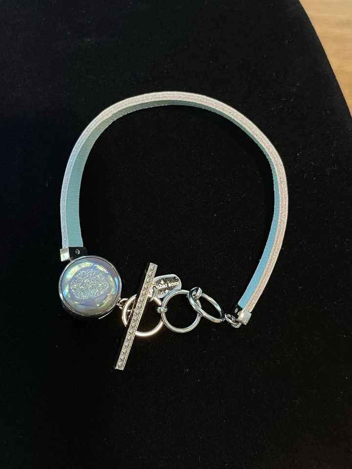 Pulsera Lori Bonn Sterling 925 Slide Charm Plata Cuero Palanca Cuero Azul Foto 3 de 4