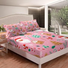 Pink Christmas Decorative Bedding Sheets for Kids Boys Girls Xmas Cartoon San...