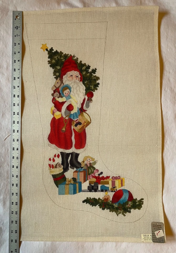 Santa w/tree & toys Stocking Handpainted Christmas Needlepoint Canvas, large VTG - Image 2 of 4
