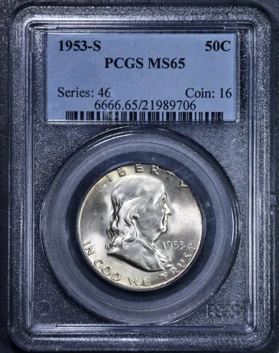 1953-S 50C FRANKLIN SILVER HALF DOLLAR KM# 199 PCGS MS 65 A6378