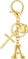 Heart Initial Letter Gold Silver Tone Bag Charm Keychain for Purse Handbag