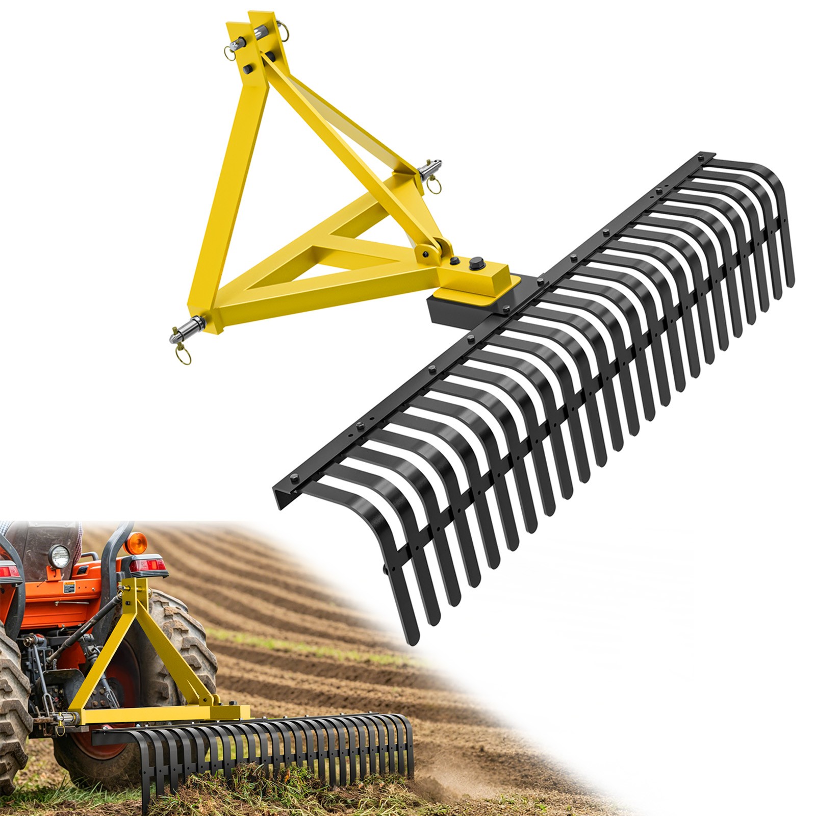 60" 3 Point Rock Rake for Tractors, Heavy-Duty Landscape Rake W/ 360° Rotation