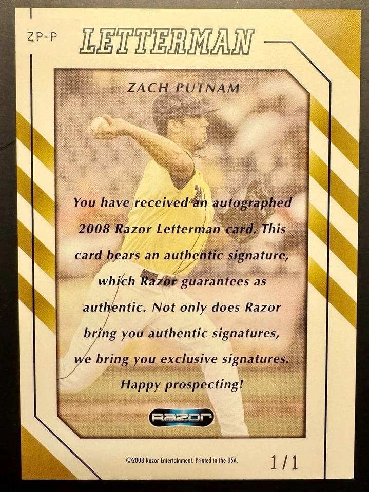 2008 Razor Letterman - Zach Putnam Patch Auto Rookie Card 1/1 Black/Gold #ZP-P - Image 2 of 2