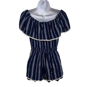 Lulus Embroidered Off The Shoulder Romper Pom Pom Trim Coastal Boho Resortwear M