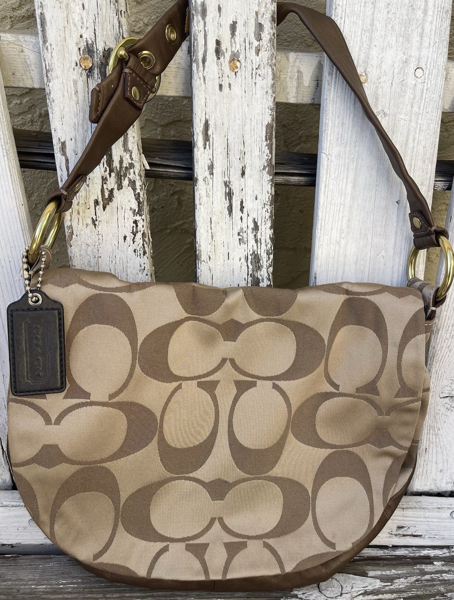 COACH Ali Signature Sateen Flap Hobo Bag Khaki Brown Leather Trim