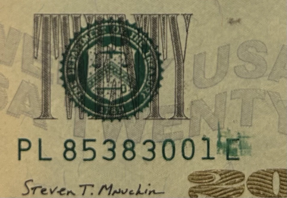 2017A $20 Federal Reserve Note w/Obverse "E" Printing Error PL85383001E - UNC - Image 3 of 3