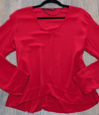 Zara Top Womens Medium Red Long Sleeve V Neck Casual Viscose Blouse