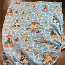 Vintage 1996 Warner Bros Fitted Sheet Blue Looney Tunes
