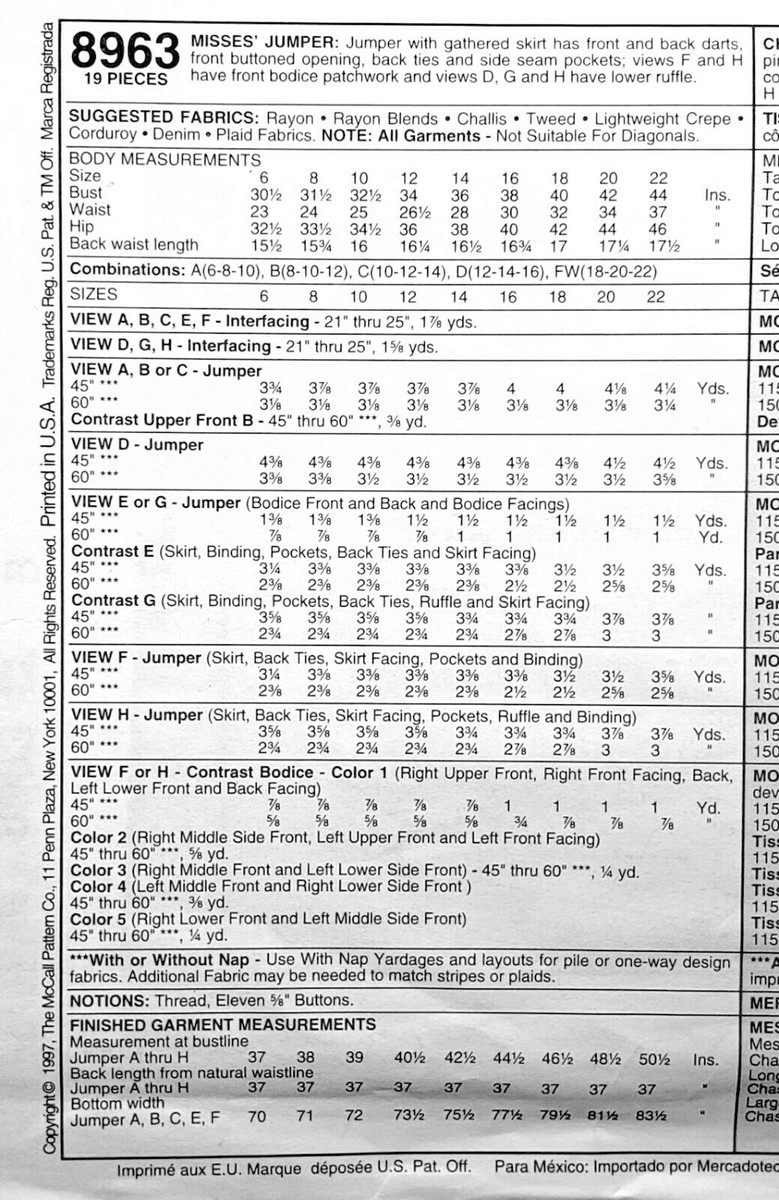 McCall's 8963 Patchwork Bodice Jumper, Ruffle Hem Option Sz 8-12