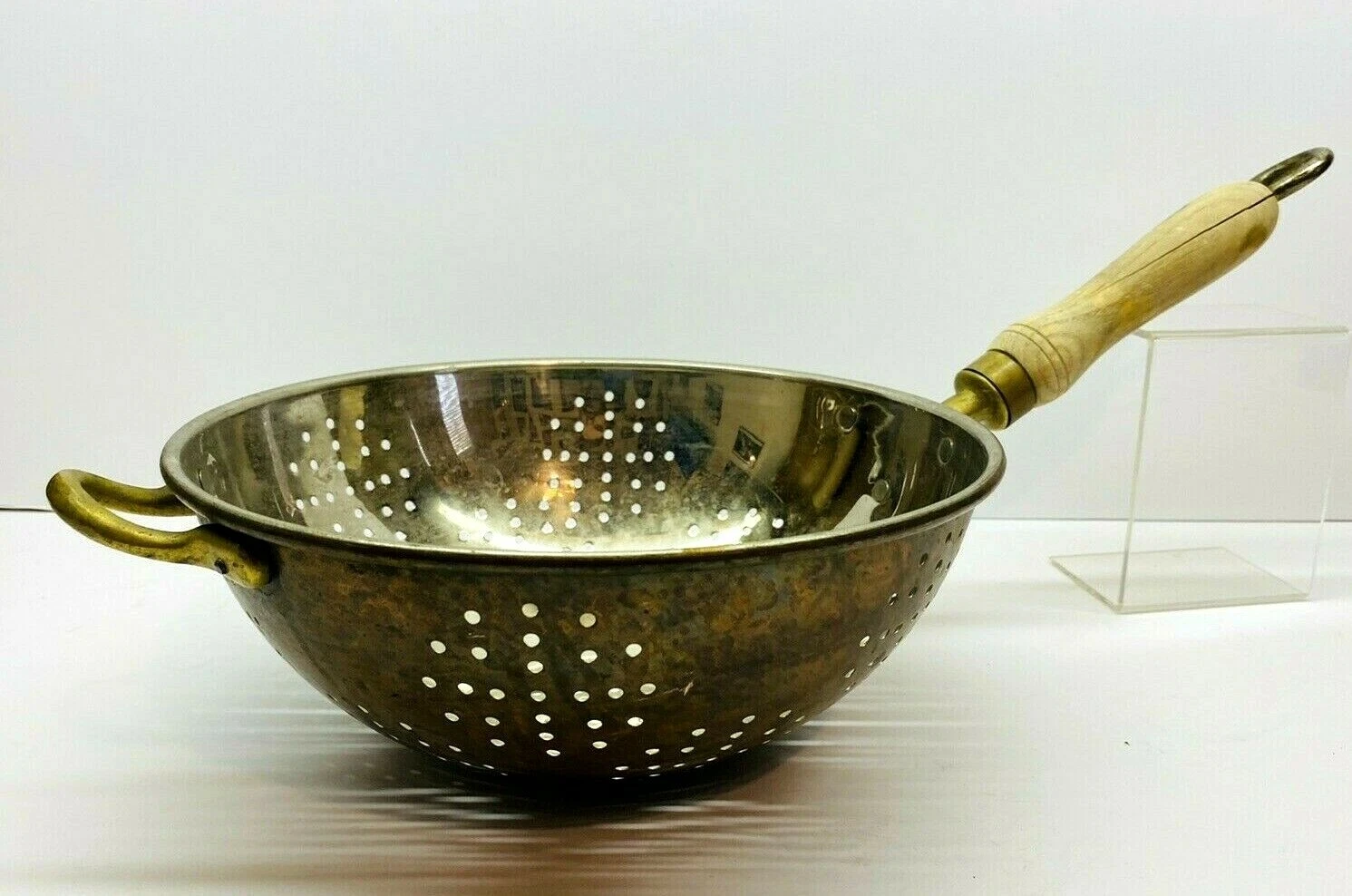 Vintage Tin Lined Copper Colander/Strainer With Wood Handle 9" Diameter