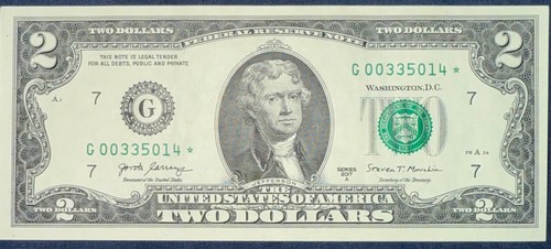 Rare Two Dollar Bill Star Note 2017 Federal Reserve $2 United States- Low Serial
